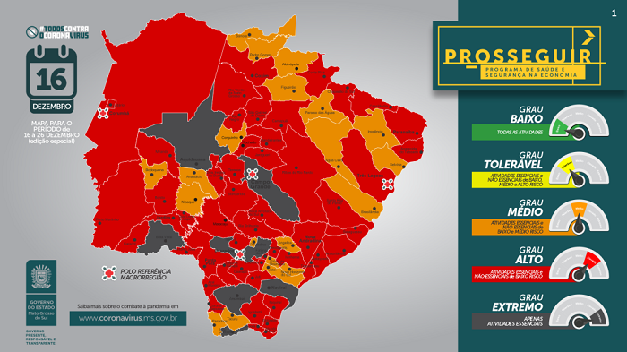 Prosseguir: MS possui sete municípios em risco extremo e 52 com bandeira vermelha