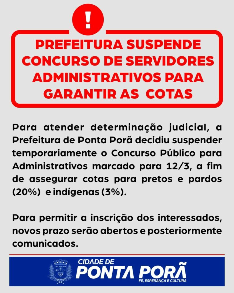 Em atenção a Lei de Cotas, Concurso da Prefeitura de Ponta Porã é suspenso