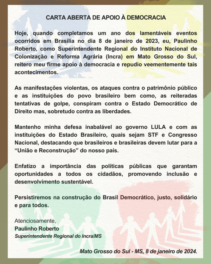 Superintendente Regional do Incra/MS emite carta de apoio à Democracia