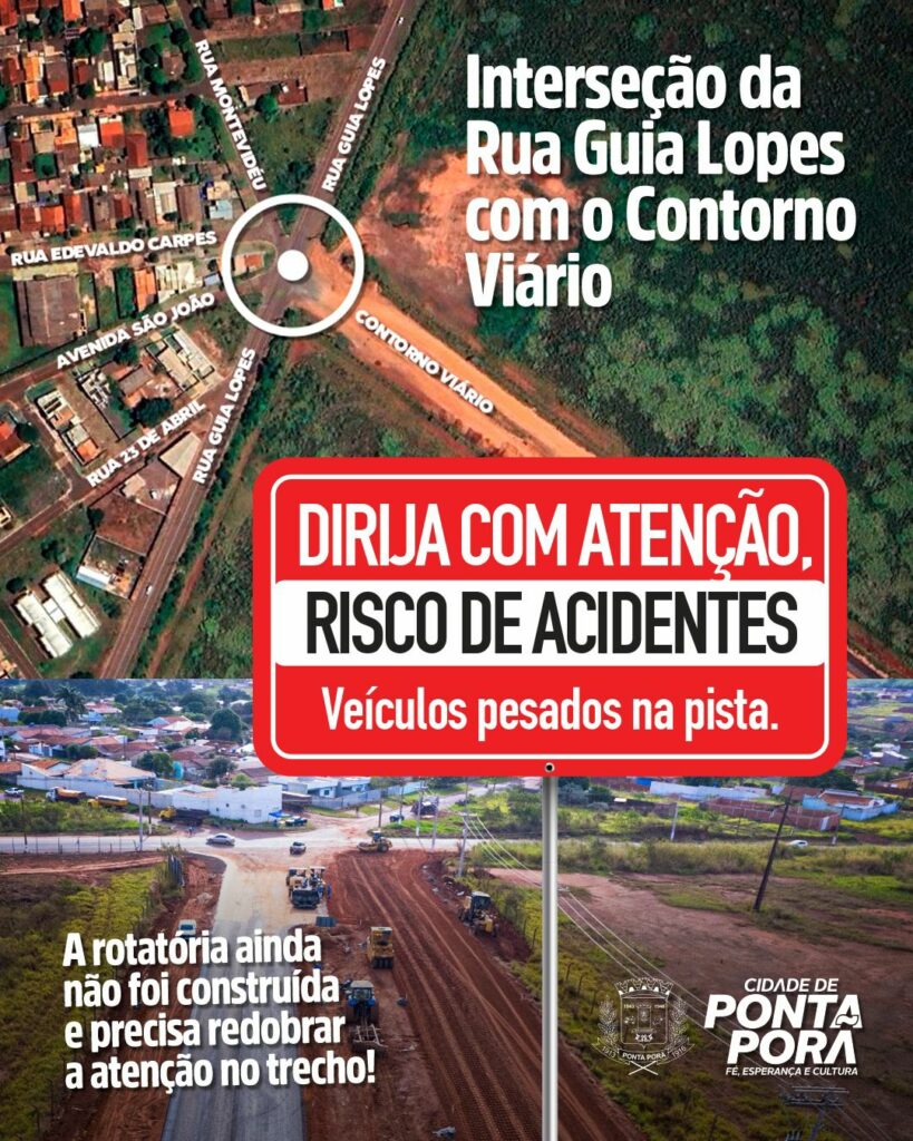 Cruzamento entre contorno viário e Rua Guia Lopes requer cuidado e atenção em Ponta Porã