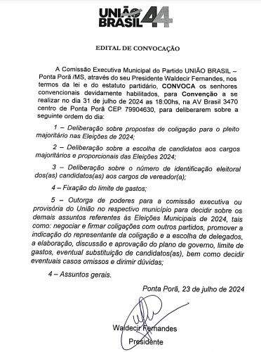 União Brasil faz convenção em Ponta Porã no dia 31