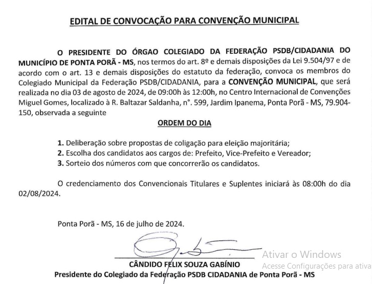 PSDB/Cidadania realiza convenção dia 03 de agosto em Ponta Porã