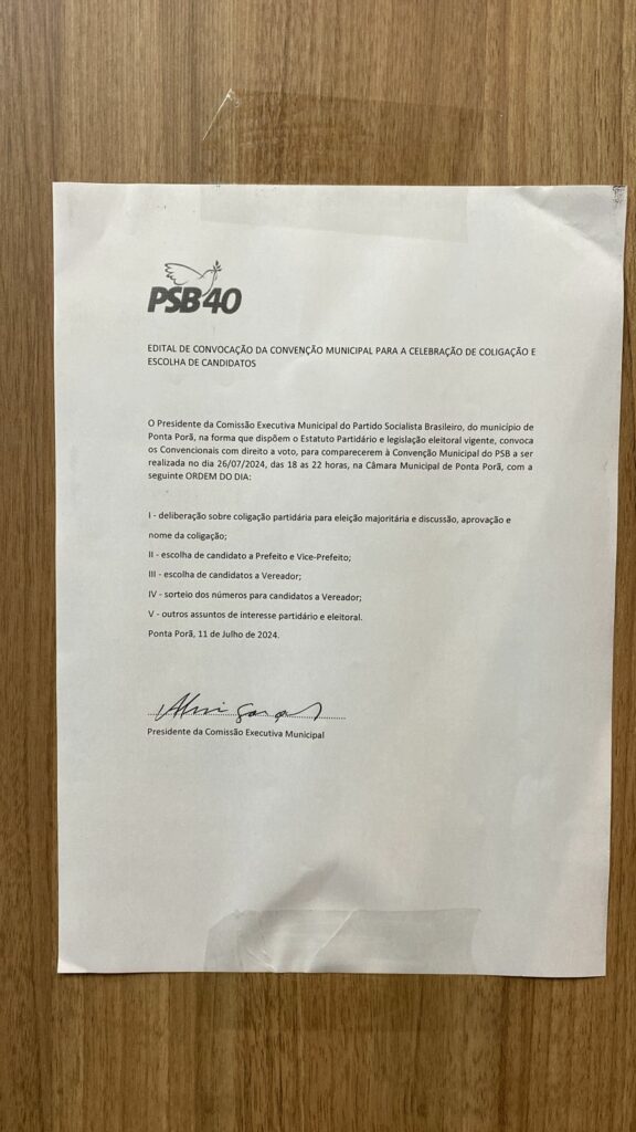 Partido Socialista Brasileiro -PSB realiza convenção dia 26 em Ponta Porã