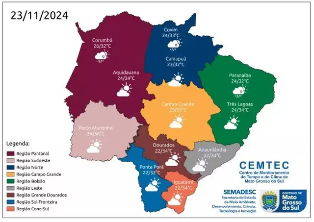 Sábado será de sol forte e calor de até 36°C em Mato Grosso do Sul