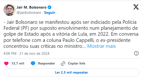 Polícia Federal decide indiciar Bolsonaro e outros 36 por tentativa de golpe de Estado