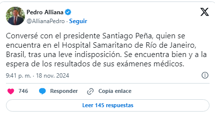 Santiago Peña abandona en ambulancia cumbre del G20 en Brasil por dolor en el pecho