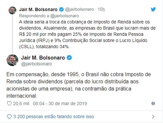 Bolsonaro diz que governo estuda reduzir impostos de empresas